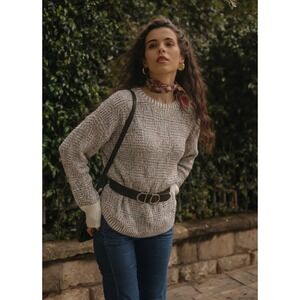 NIC+ZOE Women's Gray White Multicolor Geometric Crewneck Long Knit Sweater M